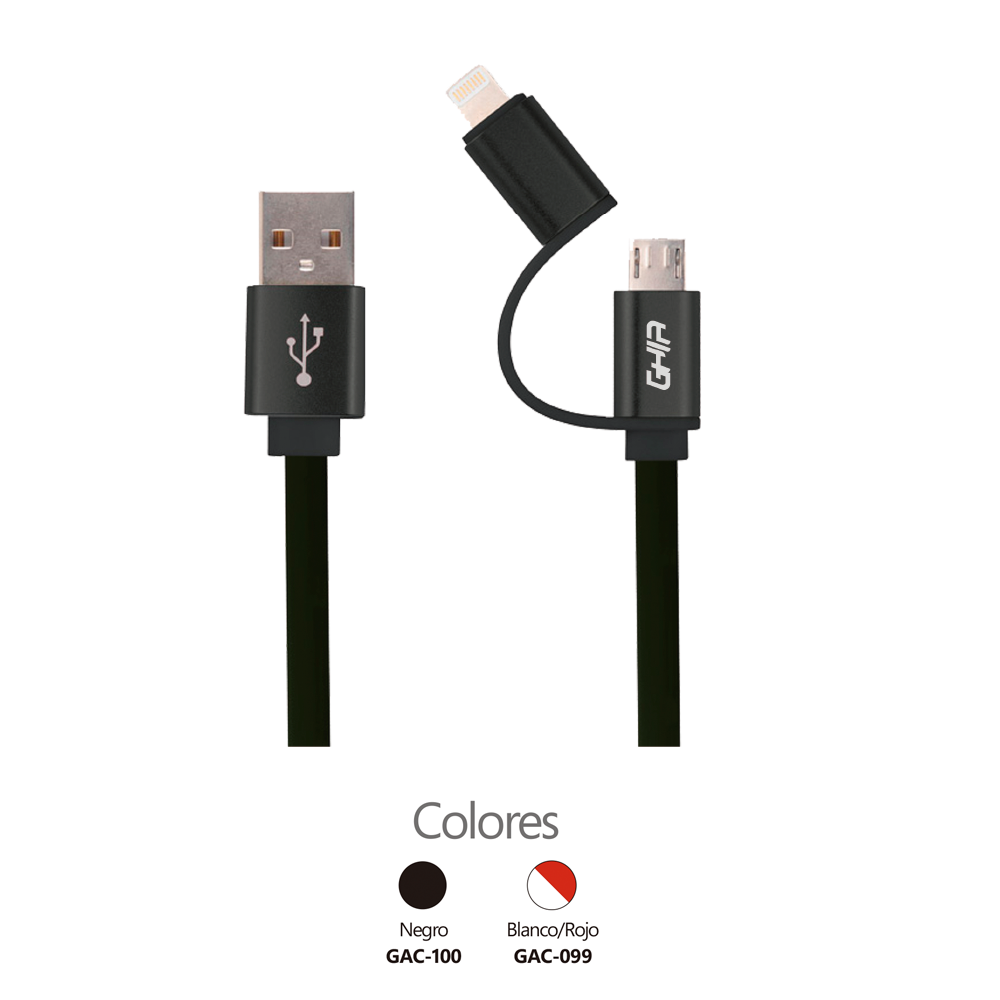 CABLE 2 EN 1 MICRO USB/LIGHTNING GHIA 1.0 MTS USB 2.1 CARGA Y TRANSFERENCIA DE DATOS NEGRO