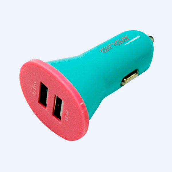 Cargador Para Encendedor de Automovil Ginga Pop, 2 Puertos USB, 12 Volts, Rosa/Aqua