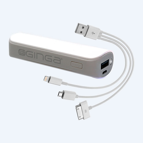 Batería Portátil Ginga PowerBankPP2, 2600mAh, Blanco, Cable 3 en 1(iPhone4/iPhone5/Micro USB)