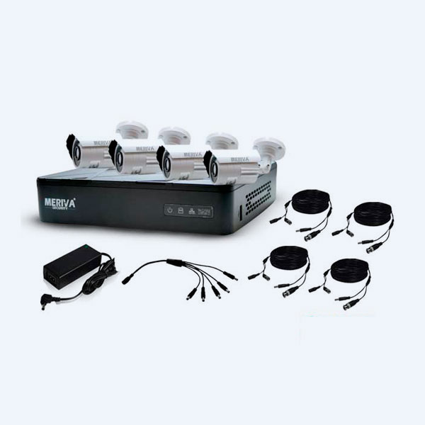 Kit de Video Vigilancia Meriva Security MB221, 4 Cámaras MBAS204 + DVR MBASIC20 de 4 Canales + 4 Tramos de cable siamés Meriva CB20+ 1 Fuente de Poder + 1 Distribuidor de Corriente