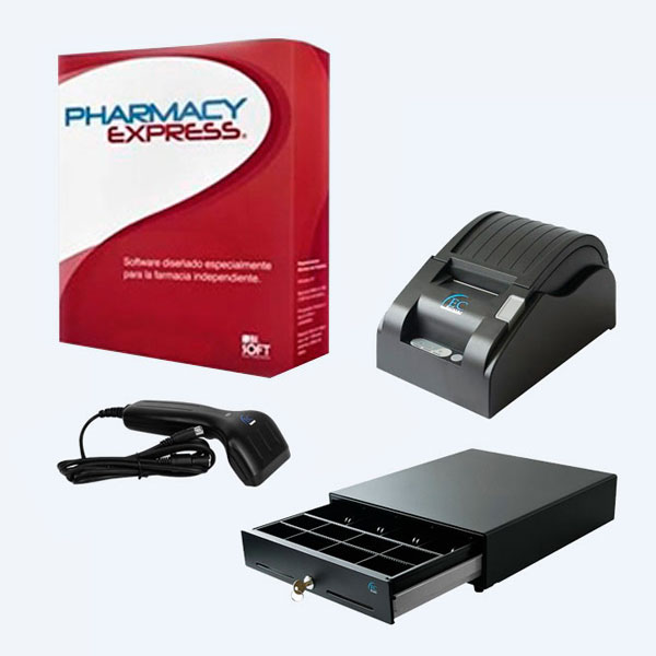 PHELP1 + Accesorios - Pharmacy Express PHELP1, 1 Licencia, Cajon de Dinero EC Line, Lector de Código de Barras, Impresora Térmica