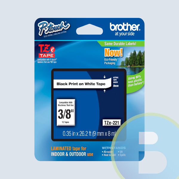 Cinta Brother TZE221, Laminada Negro sobre Blanco 9mm