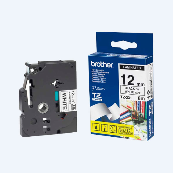 Cinta Brother TZE231, Laminada, Negro sobre Blanco, 12mm, para Impresoras PT-1000/ PT-1005F/ PT-1010/ PT-1090/ PT-1280DT,