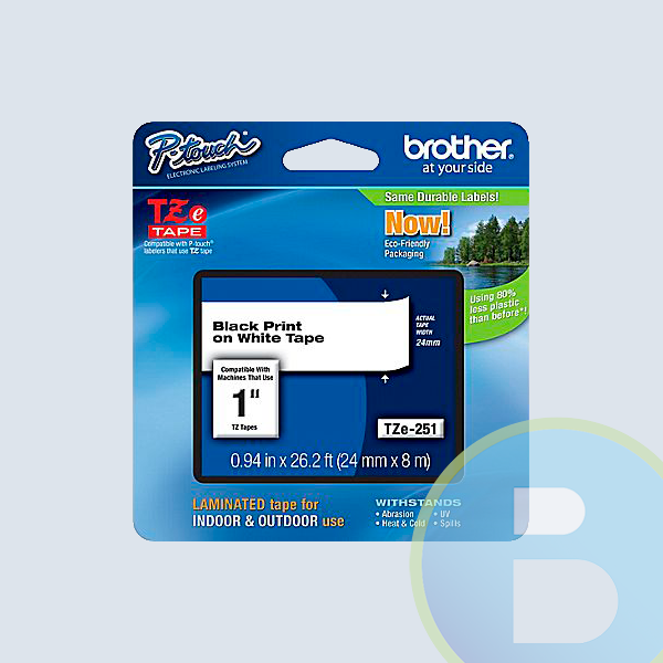 Cinta Brother Laminada TZE251, Negro Sobre Blanco de 24 mm