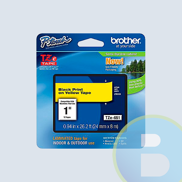 Cinta Brother TZE651, Laminada Negro Sobre Amarillo, 24mm