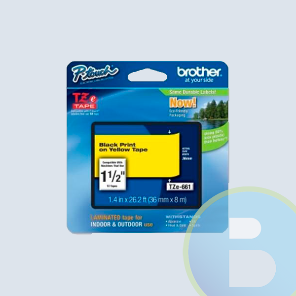Cinta Brother Laminada TZE661, Negro sobre Amarillo, 36 mm