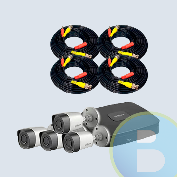 KIT DVR DAHUA 4 CANALES PENTAHIBRIDO 720P/ 1 CH IP ADICIONAL/ P2P/ 4 CAMARAS METALICAS HFAW1000RM28S3/ IR 20M/ IP67/ ACCESORIOS