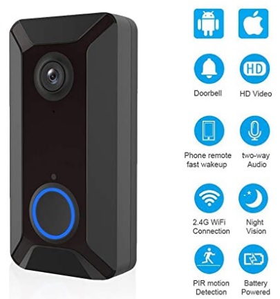 Timbre con Cámara y Video WIFI HD, Timbre Inalámbrico Inteligente con Cámara Seguridad Visión Nocturna por Infrarrojos 140° Control de APP para iOS y Android