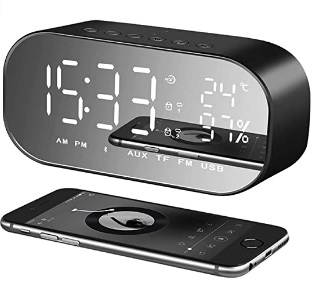 Digital Despertador de Radio Reloj FM Inalambrico - RabbitStorm, Altavoz Bluetooth Bocina 4.2 , Pantalla LED de Espejo, Pantalla de Temperatura en Interior, Recepción de llamadas de Teléfono Móvil, Alarma Dual, Hogar, Oficina, Viajes