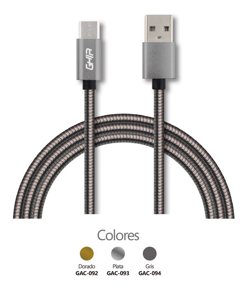 CABLE TIPO C FORRO METALICO GHIA 1.0 MTS USB 2.1 CARGADOR Y TRANSFERENCIA DE DATOS GRIS