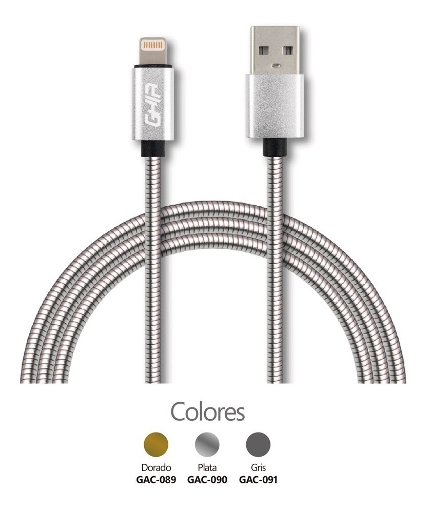 CABLE LIGHTNING FORRO METALICO GHIA 1.0 MTS USB 2.1 CARGADOR PLATEADO